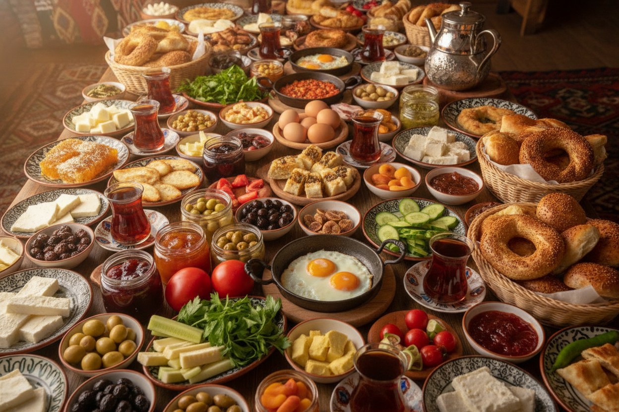 Kurulmuş serpme kahvaltı sofrasının geniş açılı görüntüsü